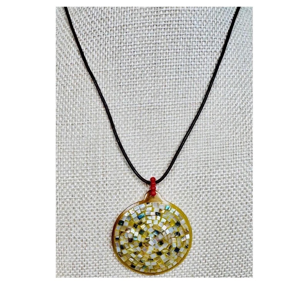 Vintage 1990s Chan Luu Mother of Pearl Mosaic Disc Pendant Leather Necklace Boho